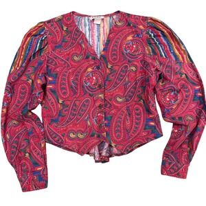 Vintage Circle T Paisley Western Blouse Red Mixed Print Puff Sleeve